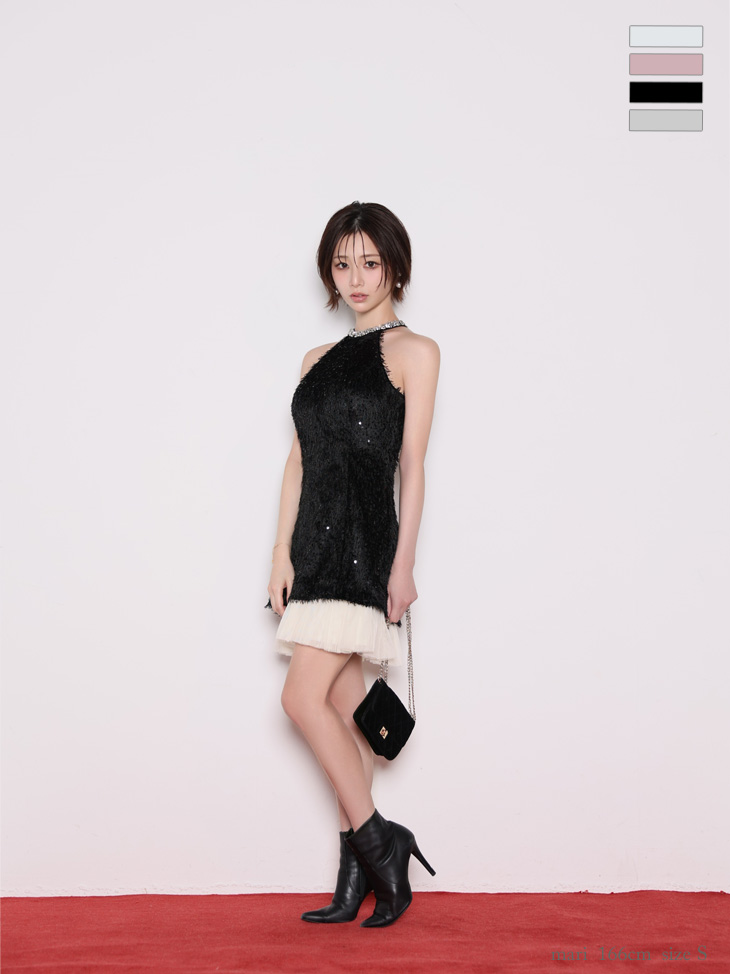 【XSサイズあり】スパンコールフリンジハイネックフレアミニキャバドレス(DE4135)