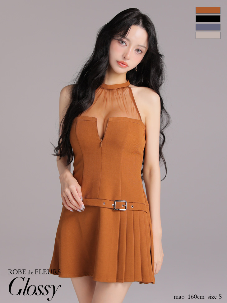 【XSサイズあり】シアーホルターネックフレアミニキャバドレス(GL4153)