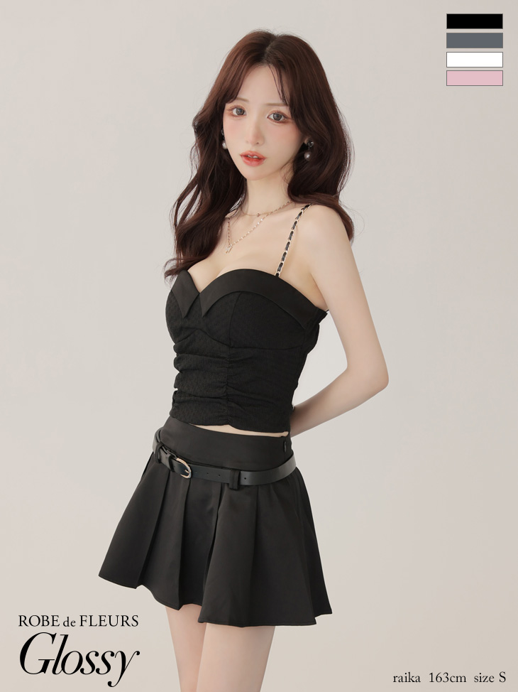 【XSサイズあり】ベルト付きハートカットセットアッププリーツミニキャバドレス(GL4219)