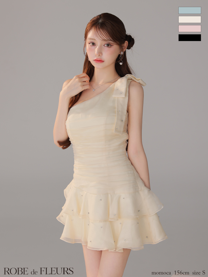 ★一部予約商品★【8月下旬頃入荷予定】【XSサイズあり】サテンワンショルダーリボンティアードフレアミニキャバドレス(fm4322)