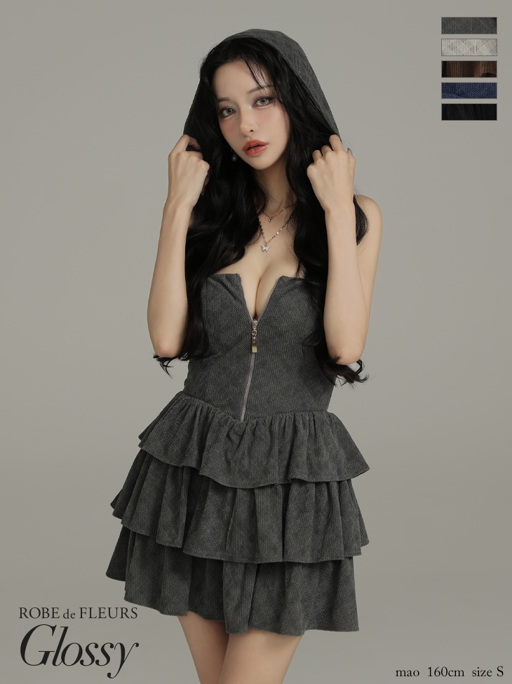 【XSサイズあり】2wayフーディーバストジップティアードフレアミニキャバドレス(GL4621)