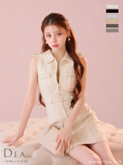 ★一部予約商品★【8月中旬入荷予定】【XS～Lサイズあり】襟付きバストジップノースリーブベルトデザインミニキャバドレス(DE3259)