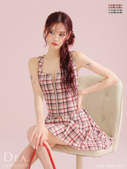 【XSサイズあり】チェックノースリーブベルトデザインミニキャバドレス(DE3390)