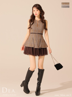 【XS～Lサイズあり】チェックノースリーブベルトデザインチュールミニキャバドレス(DE3477)