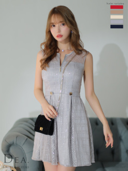 【XS～Lサイズあり】チェック柄刺繍レースフレアミニキャバドレス(DE3502)