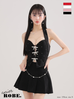 【XSサイズあり】ファーチョーカー取り外し可能♥Ribbon suede flared setup mini dress (anier4046)