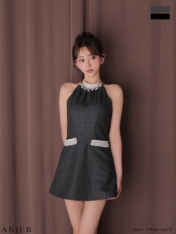 【XSサイズあり】Glitter flannel halter pearl mini dress (anier4057)