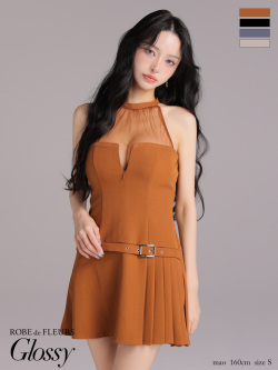 【XSサイズあり】シアーホルターネックフレアミニキャバドレス(GL4153)