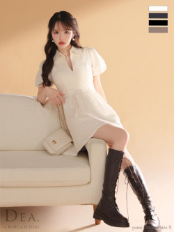 【XS～Lサイズあり】ワッフル素材クラシカル襟付きフレアミニキャバドレス(DE4319)