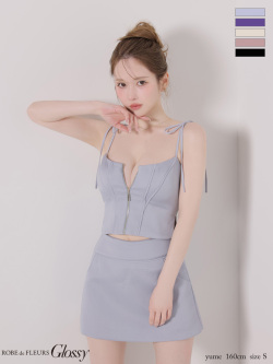 【XSサイズあり】ワンカラーキルティングショルダーリボンセットアップミニキャバドレス (GL4369)