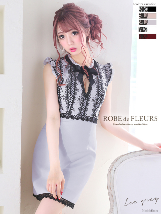 Xsサイズあり フラワーモチーフリボン ケミカルレースミニドレス Fm1571