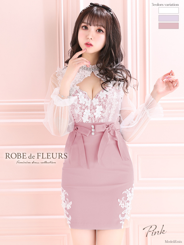 フラワーレース×ロングスリーブタイトミニキャバドレス(fm2163) 