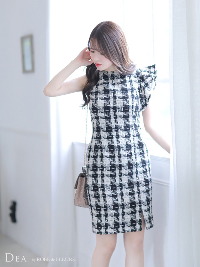 Lサイズあり】ツイード×アシンメトリータイトミニキャバドレス(DE2201) 