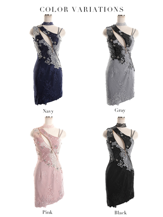 XSサイズあり】ジッパー×レースチョーカー風タイトミニキャバドレス  