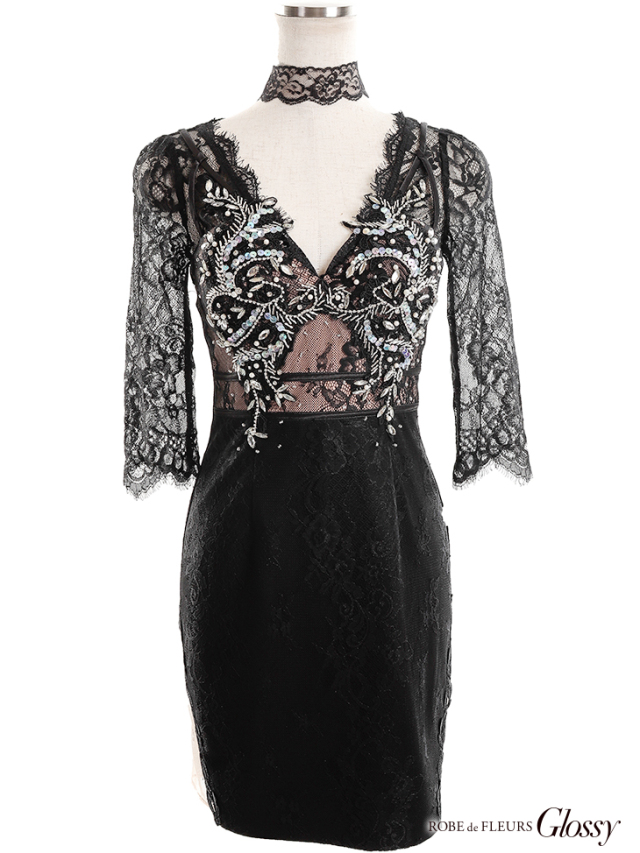 XS～Lサイズあり】刺繍レース×ビジュータイトミニキャバドレス  