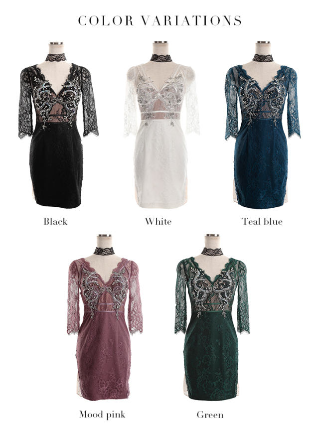 XS～Lサイズあり】刺繍レース×ビジュータイトミニキャバドレス  