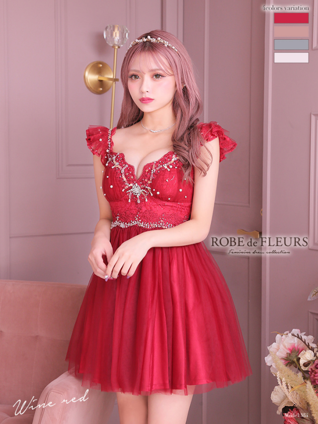 パールビジュー×チュールフレアミニキャバドレス(fm2394) 