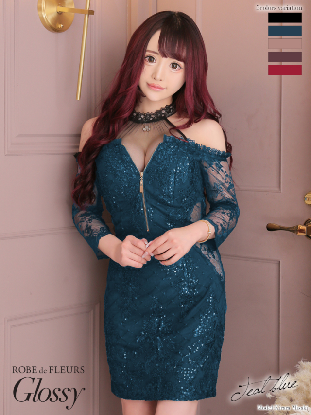 XSサイズあり】フロントジップ×レーススリーブタイトミニキャバドレス 