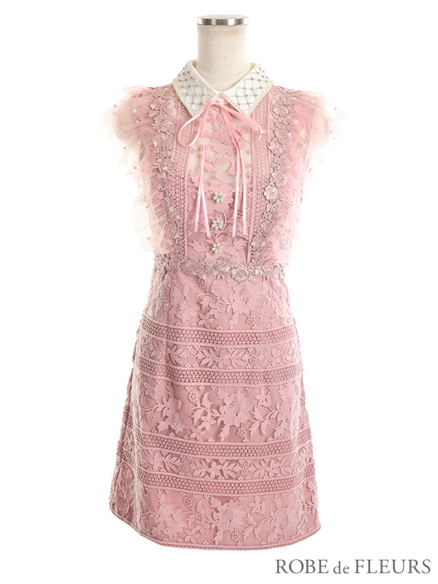 XSサイズあり】ビジュー襟×フラワーレースタイトミニキャバドレス(fm2422） 