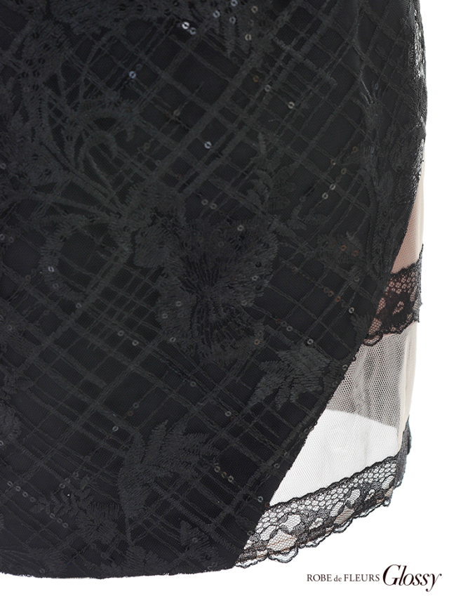 ROBE de FLEURS GL2482 ブラック タイトドレス スパンコールレース×ジッパータイトミニキャバドレス(GL2482)