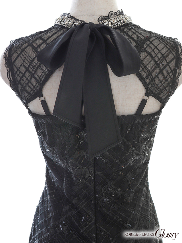 ROBE de FLEURS GL2482 ブラック タイトドレス スパンコールレース×ジッパータイトミニキャバドレス(GL2482)