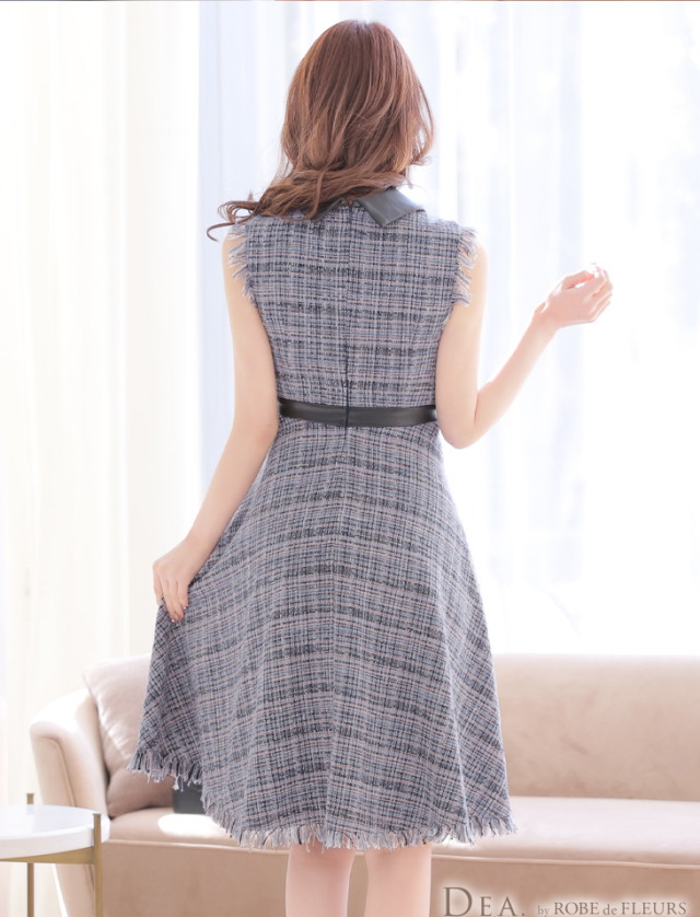 Lサイズあり】襟フロントジッパーxツイードフレアキャバドレス(DE2508) 