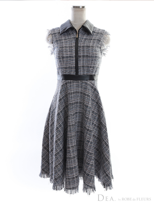 Lサイズあり】襟フロントジッパーxツイードフレアキャバドレス(DE2508) 