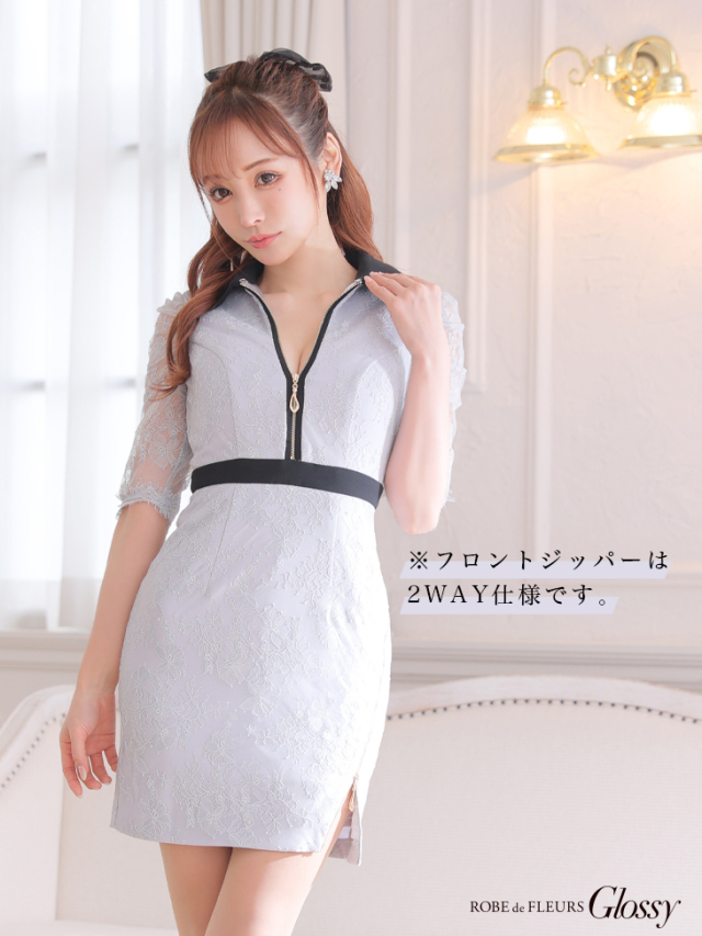 XS～Lサイズあり】フロントジッパーxレース五分袖タイトミニキャバ  