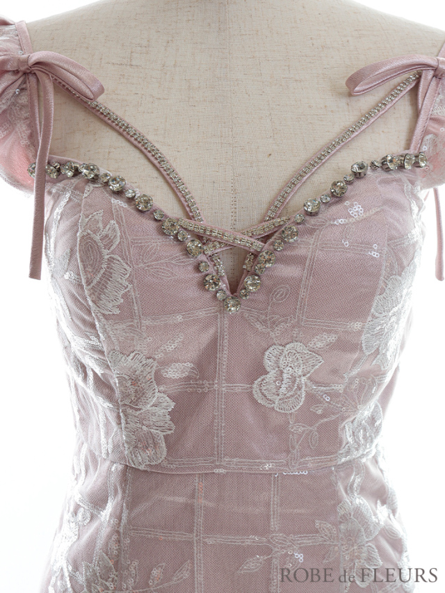 XSサイズあり】格子柄フラワーレースxリボン付きフリル袖キャバドレス  