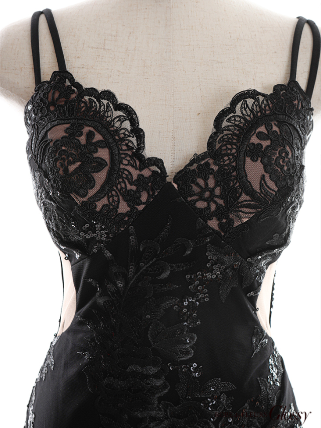 XSサイズあり】スパンコール付き刺繍レースxサイドチュールキャミ  