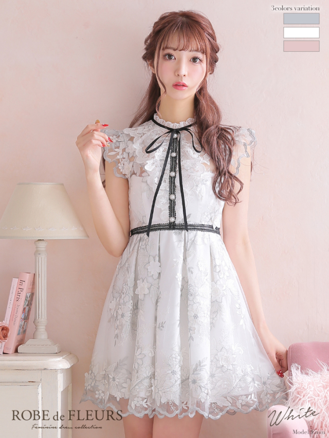 XSサイズあり】リボンx立体フラワーレースフレアミニキャバドレス(fm2590) 