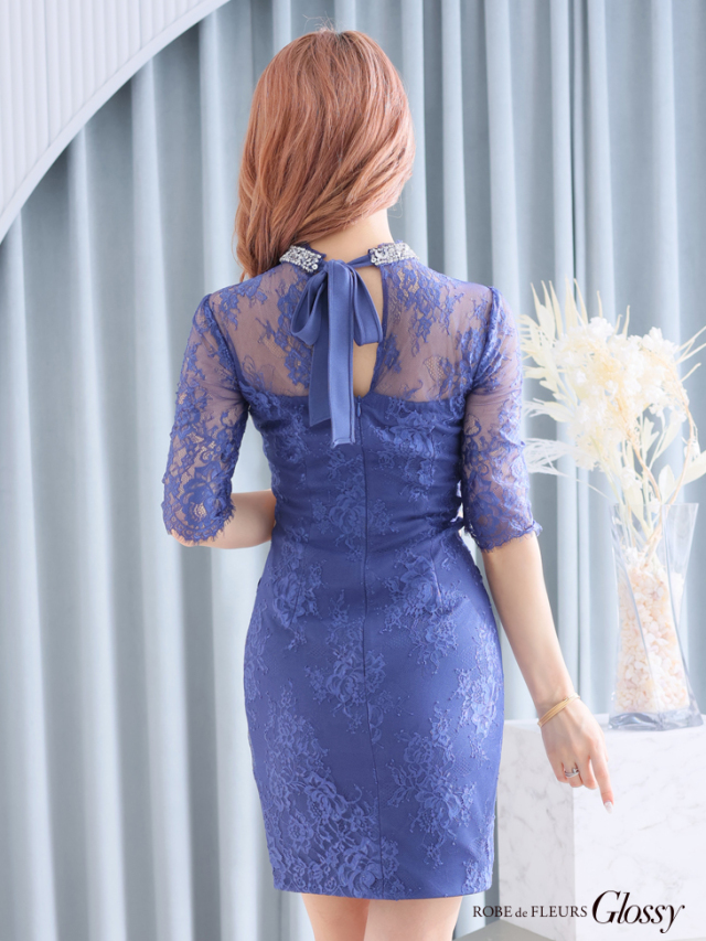 XS～Lサイズあり】ビジューxレーススリーブストレッチタイトミニ  