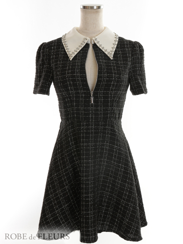 XS～Lサイズあり】襟付きジップツイードフレアミニキャバドレス(fm2639) 