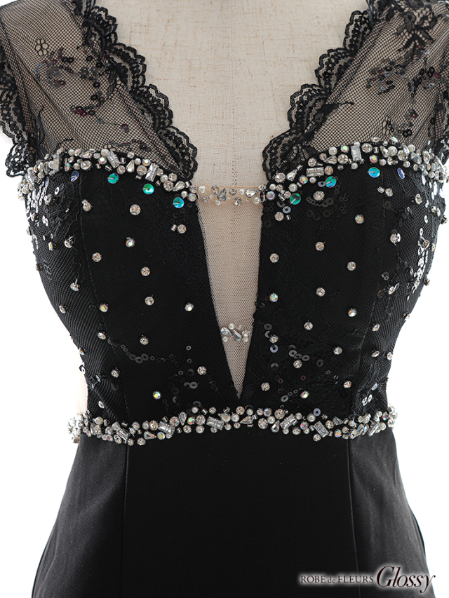 スパンコール付きレースxサイドチュールタイトミニキャバドレス(GL2662) 