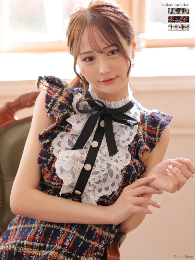 XSサイズあり】クラシカルリボンxラメツイードフレアミニキャバドレス  