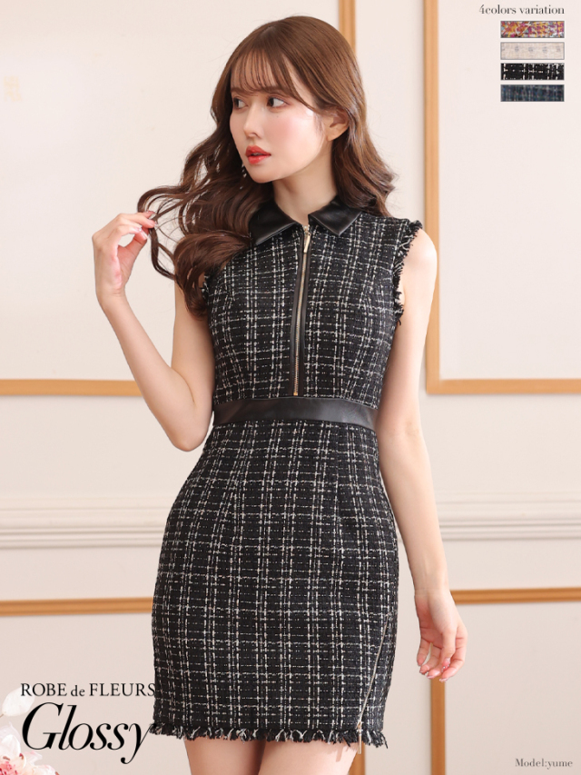 XS～Lサイズあり】襟フロントジッパーxツイードタイトミニキャバ  