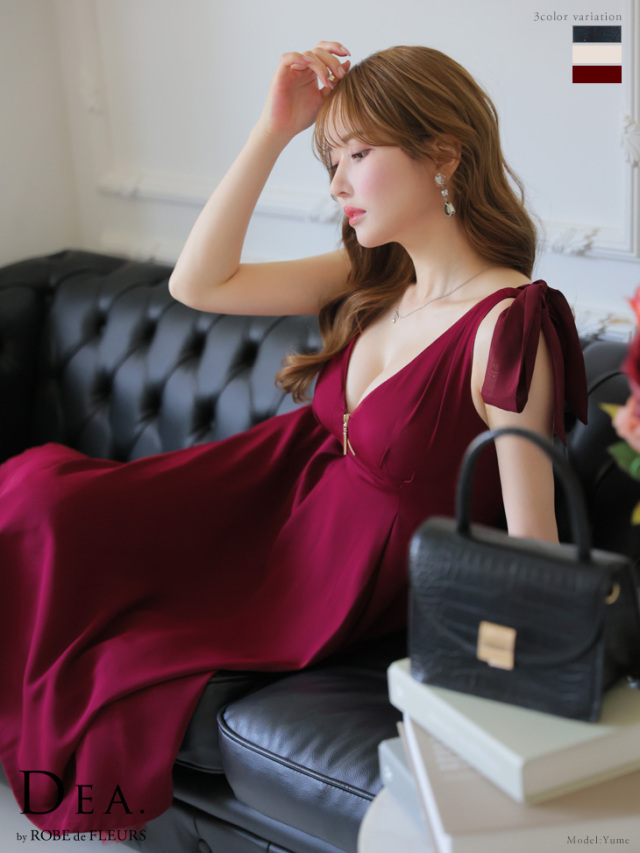 Lサイズあり】ショルダーリボン×チュールフレアロングキャバドレス  