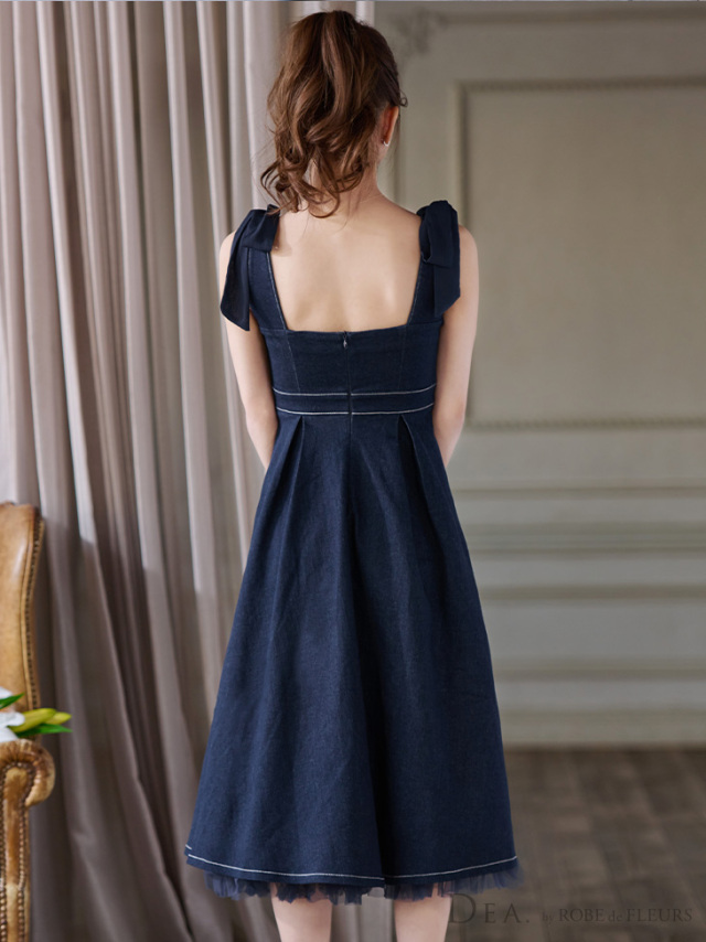 Lサイズあり】ショルダーリボン×チュールフレアロングキャバドレス  