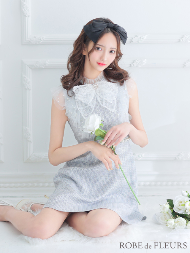 XSサイズあり】レース×ビジューサマーツイードミニフレアキャバドレス  