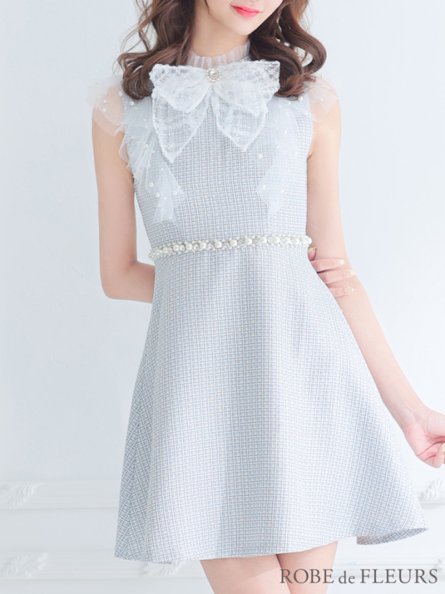 XSサイズあり】レース×ビジューサマーツイードミニフレアキャバドレス  