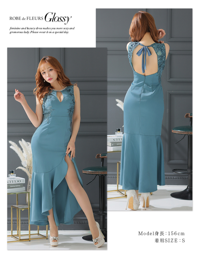 バストカット×サイドフラワーレースロングキャバドレス(GL2769) 