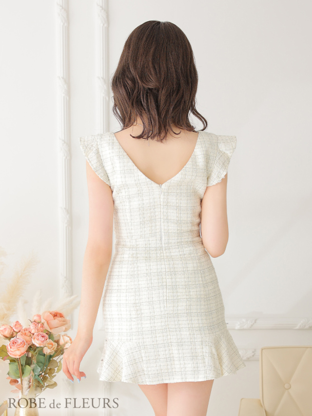 XSサイズあり】ウエストカットxラメツイードフリル袖ミニキャバドレス  