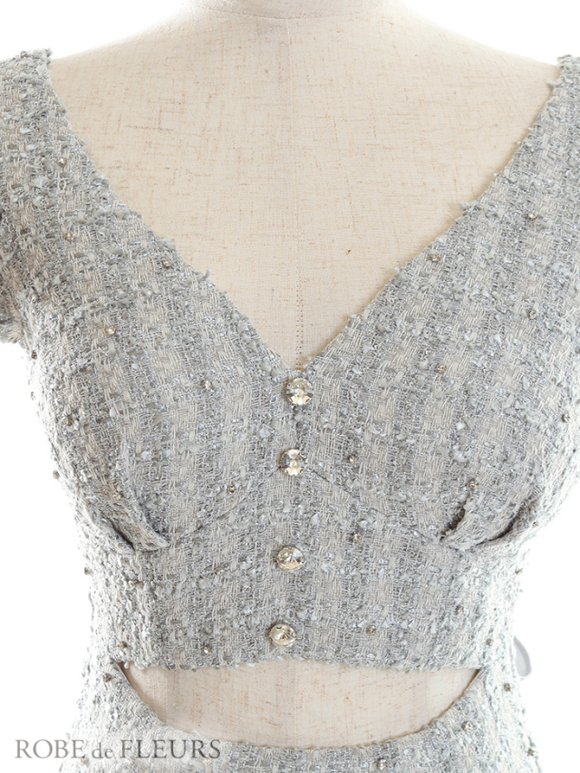 XSサイズあり】ウエストカットxラメツイードフリル袖ミニキャバドレス  