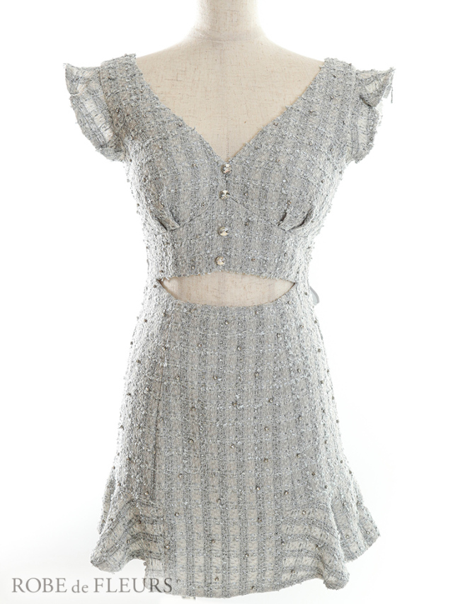 XSサイズあり】ウエストカットxラメツイードフリル袖ミニキャバドレス  