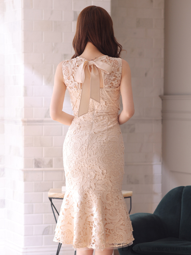 Lサイズあり】ケミカルレースxフリルレースミディキャバドレス(DE2809) 