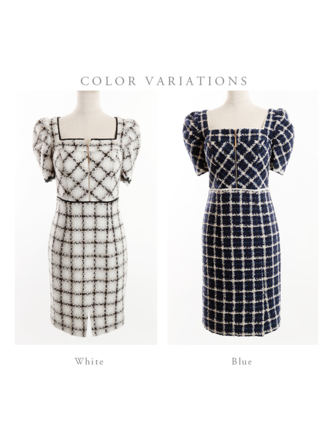 XS～Lサイズあり】ブロックツイードxフロントジッパーミニキャバ  