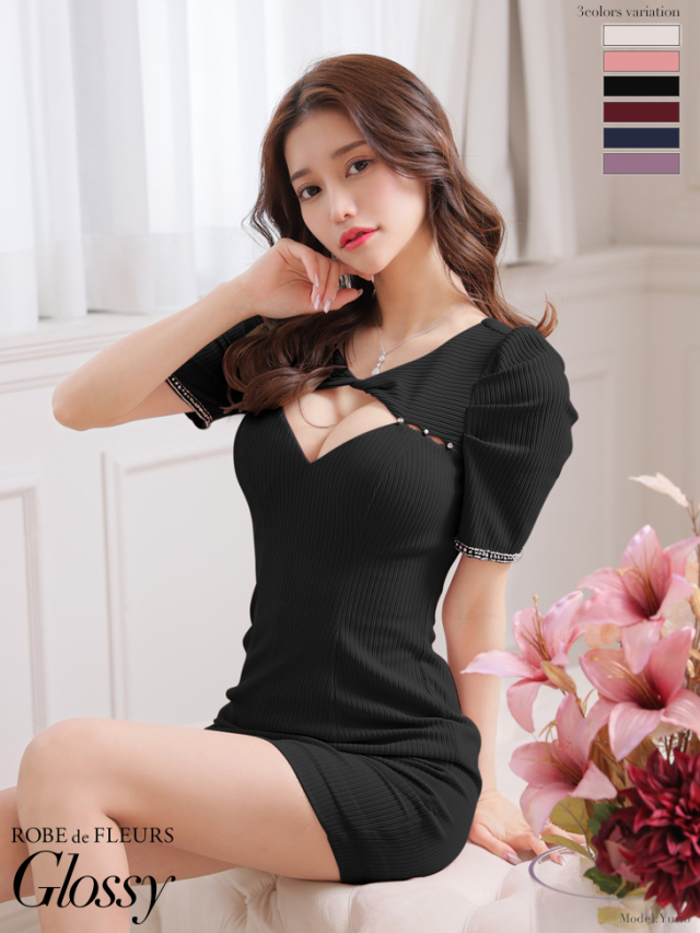 XSサイズあり】袖ありリブニット×バストカットパールミニキャバドレス  