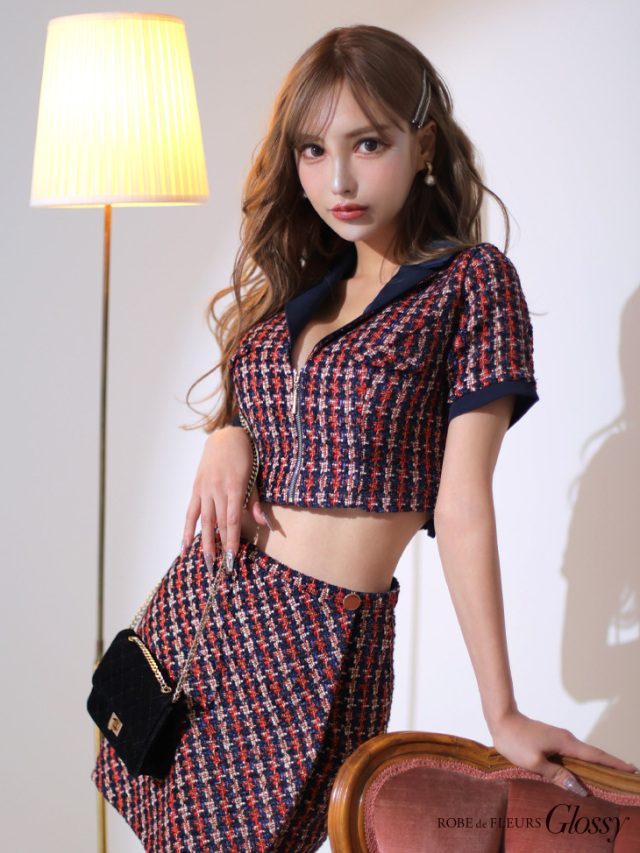 千鳥柄ツイードセットアップフロントジッパーミニキャバドレス(GL2874) 