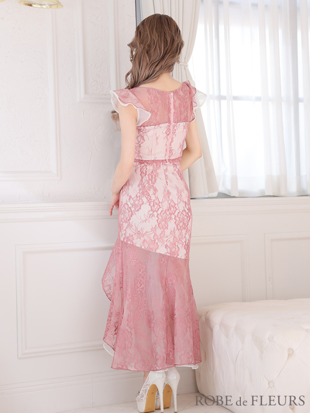 レース×オーガンジーバストチャームセットアップロングキャバドレス  