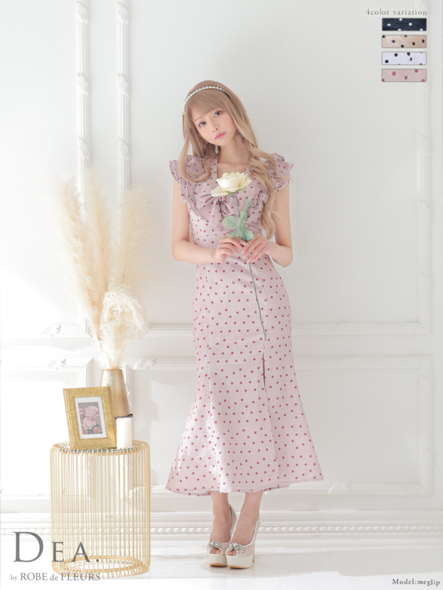 Lサイズあり】フリルxリボンドットロングキャバドレス(DE2917)